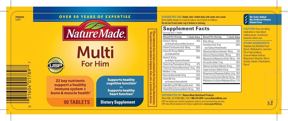 Nature Made Multivitamin for Him, Mens Multivitamins with No Iron, Daily Nutritional Support, Nature Made Multi Mens Vitamins & Minerals, 90 Tablets, 90 Day Supply