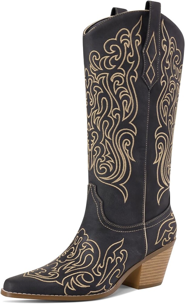 LOCERICH Women Knee High Boots Cowgirl Boots Cowboy Tall Boots Western Wide Calf Ladies Low Chunky Heel Snip Toe Comfortable Dress Boot with Embroidered