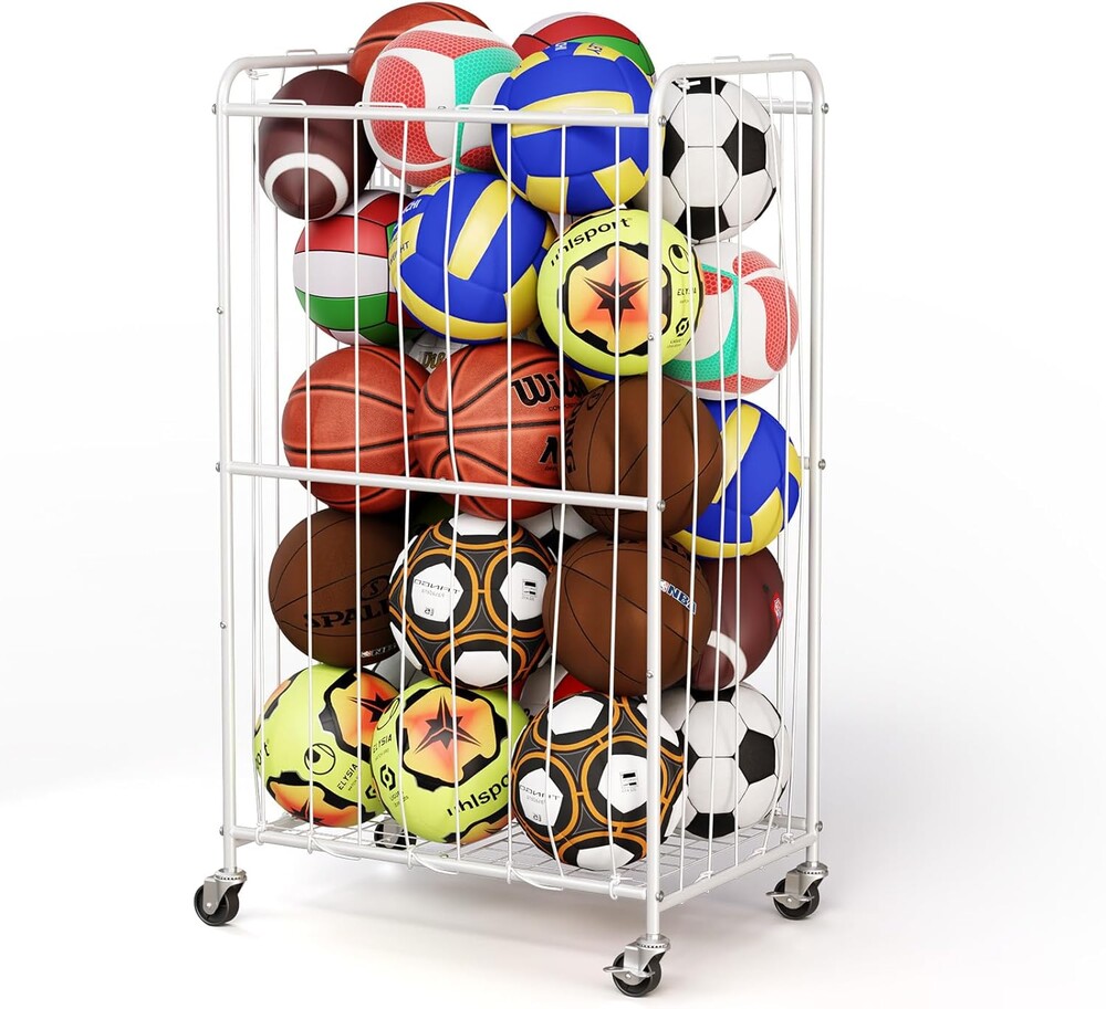 YKDIRECT 210L Rolling Ball Organizer with Locking Wheels - Large Sports Storage Basket for Basketball Soccer Football Volleyball, Steel Garage Equipment Cart with Elastic Rope for Household Storage