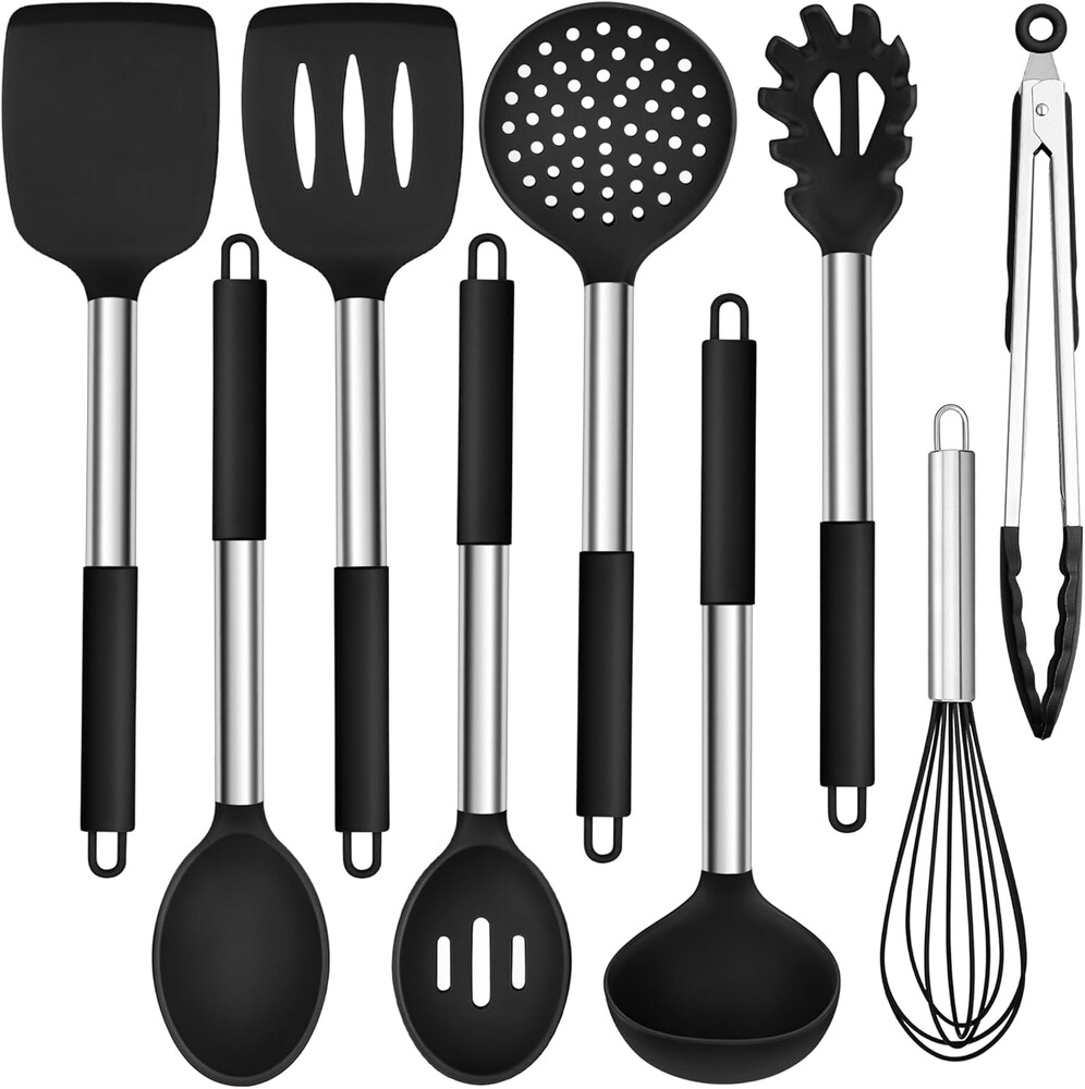 HaWare Silicone Utensils Set, 9-Piece Kitchen Cooking Utensils, Non-stick Heat Resistant Cookware with Stainless Steel Handle, BPA-Free, Dishwasher Safe - Black