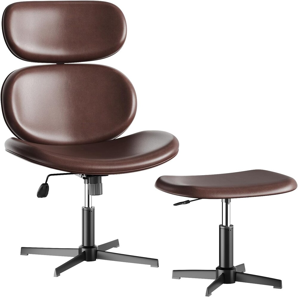 Bestier Swivel Modern Chair with Ottoman No Wheels, PU Criss Cross Reading Chair with Extended Headrest & Adjustable Seat, Modern Armless Ergonomic Chair for Living Room, Dark Brown