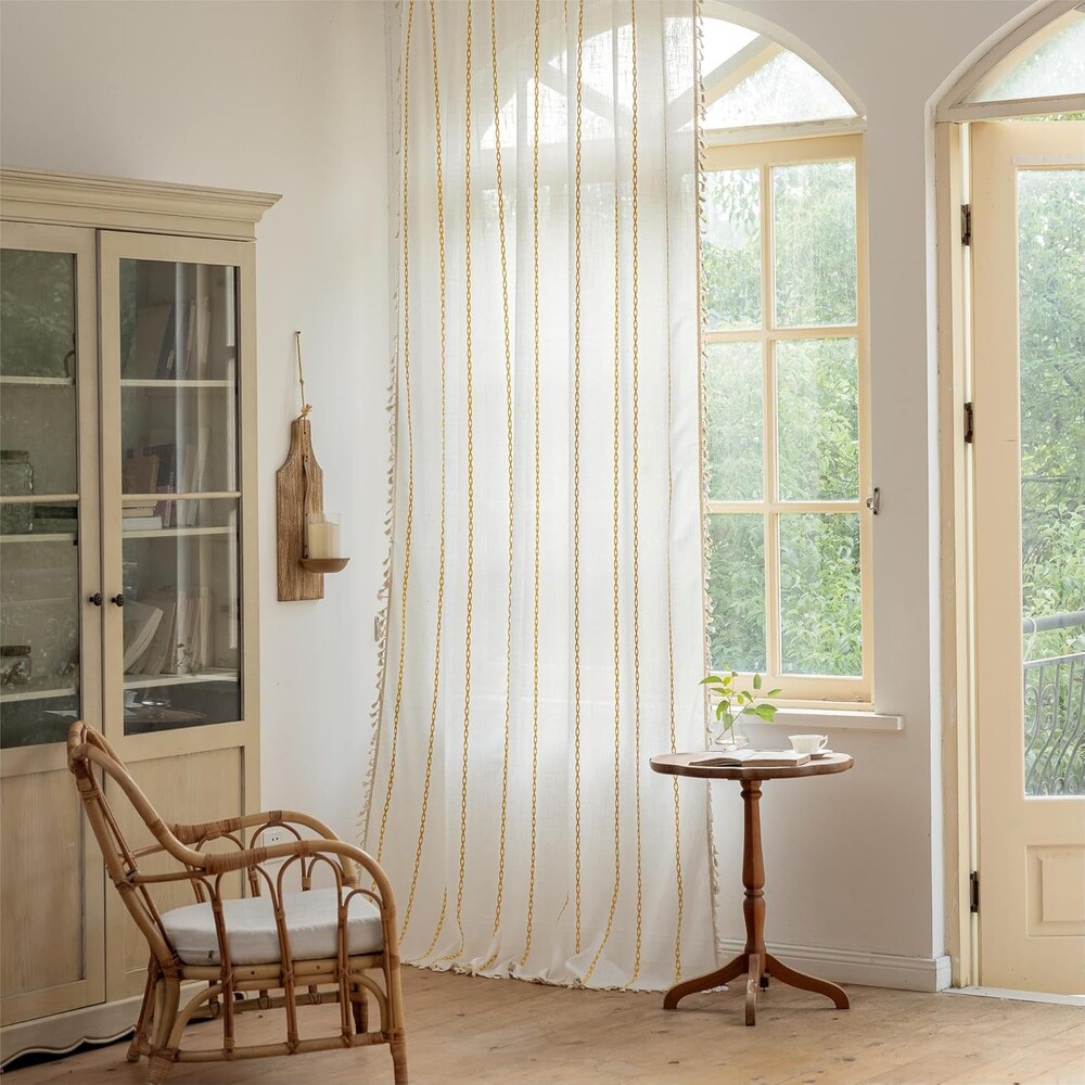 Sutuo Home Boho Curtains for Bedroom Dining Room Kitchen, Semi Blackout Farmhouse Vintage Chic Tassels Window Treatment Bohemian Embroidery Drape, Rod Pocket 1 Panel 52" W x 63" L, White and Gold