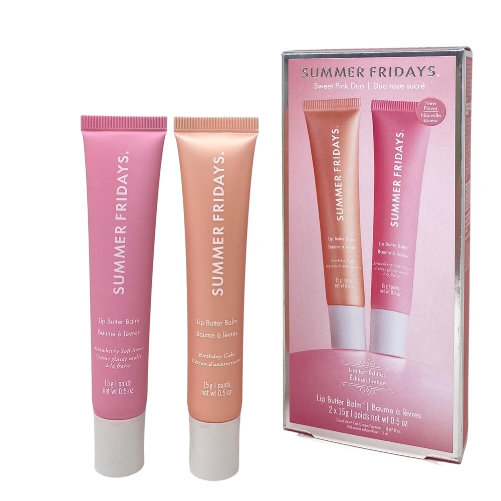 Summer Fridays Lip Butter Balm Sweet Pink Duo - Conditioning Tinted Lip Balm + Overnight Mask for Instant Shine + Color - Infused with Hydrating Shea Butter - Pink Sugar + Birthday Cake (2 Count)