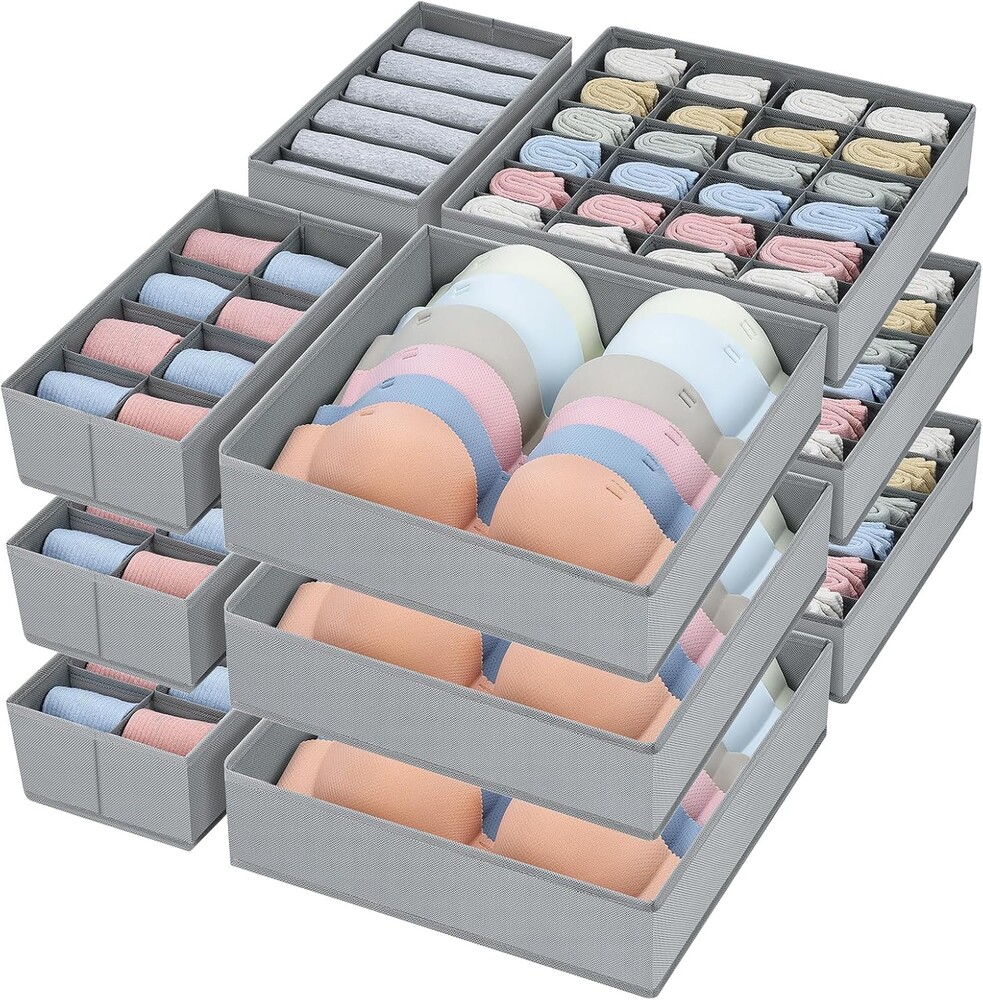 Drawer Organizer Clothes - Foldable Underwear Organizer and Sock Organizer, Bra organizer Fabric Dresser Drawer Organizer Divider for Socks, Bra, Underwear, Tie, 12 Pack, Grey