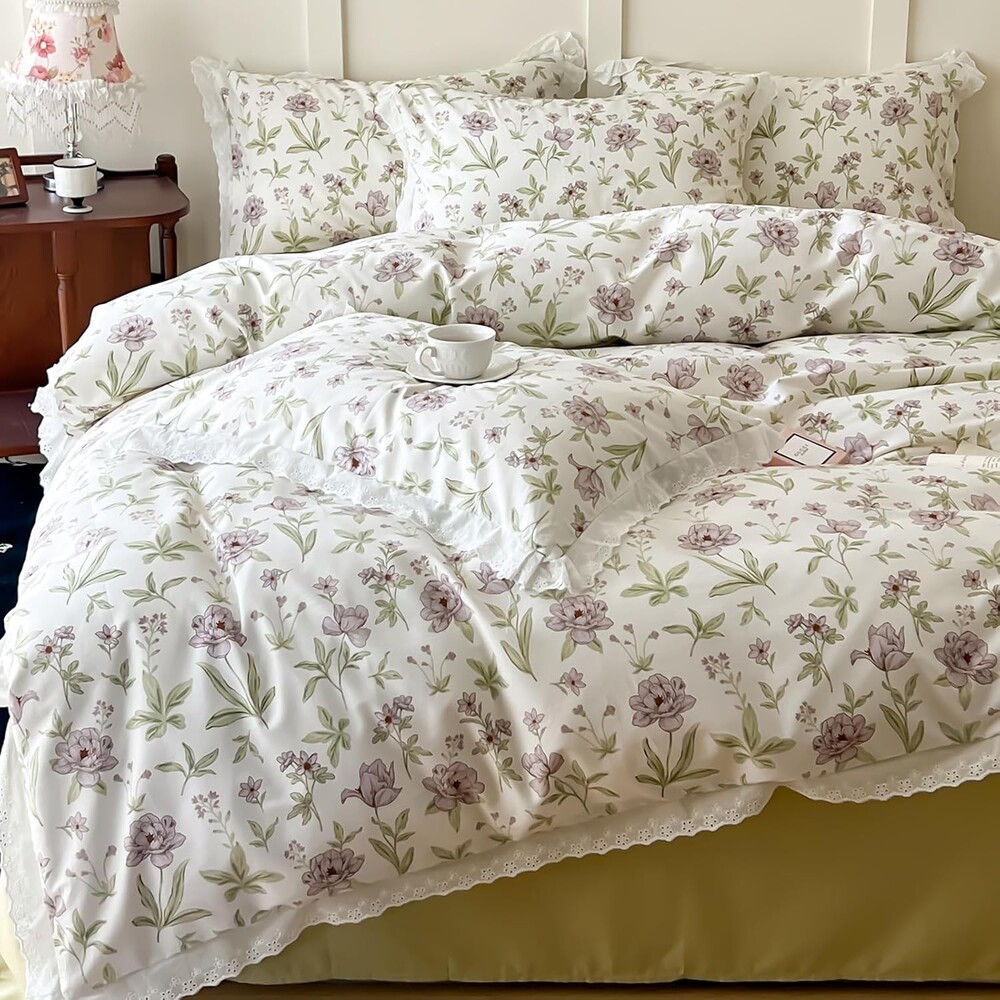 VM VOUGEMARKET Purple Flower Duvet Cover Set Twin Girls Romantic Lace Duvet Cover with Zipper Closure 100% Cotton Comforter Cover for College Dorm-Twin,68x86 Inch