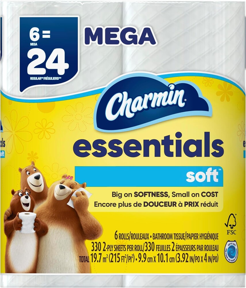 Charmin Essentials Soft Toilet Paper 6 Mega Rolls, 330 sheets per roll