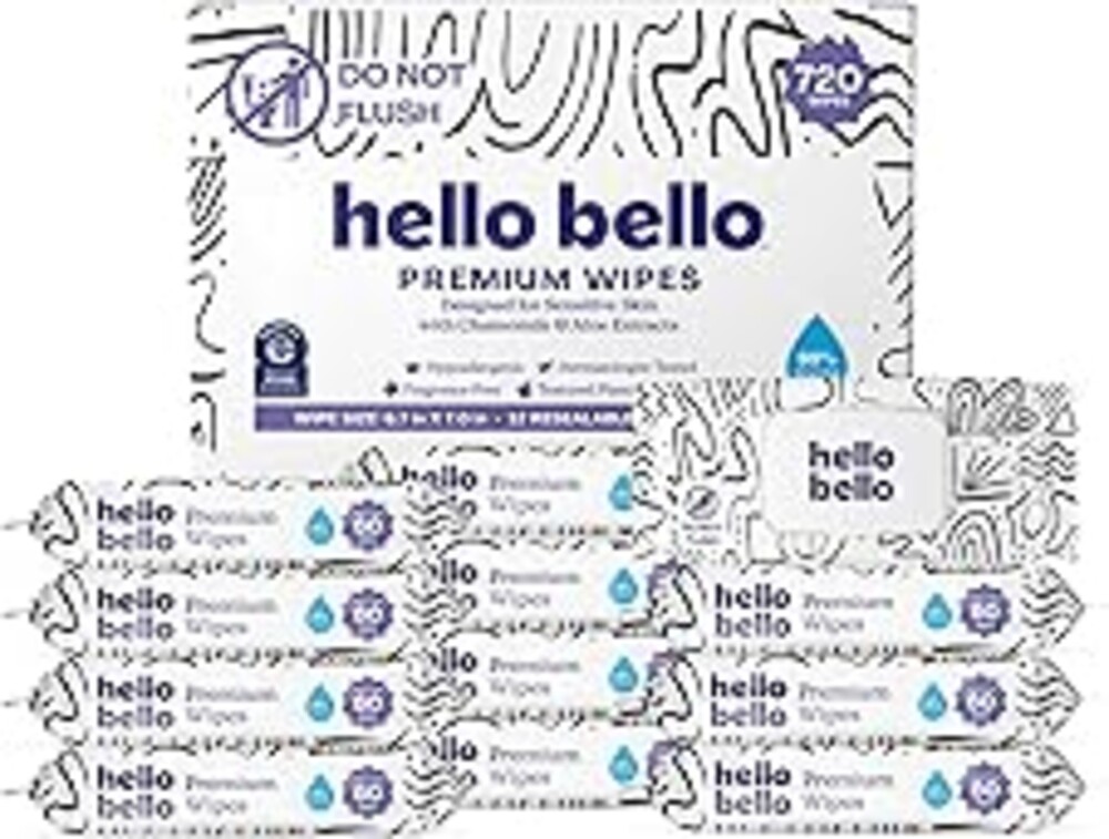 Hello Bello Premium Wipes, Designed for Sensitive Skin with Chamomile & Aloe Extracts, Playful Sketches (12 Resealable Packets = 720 Total Wipes)