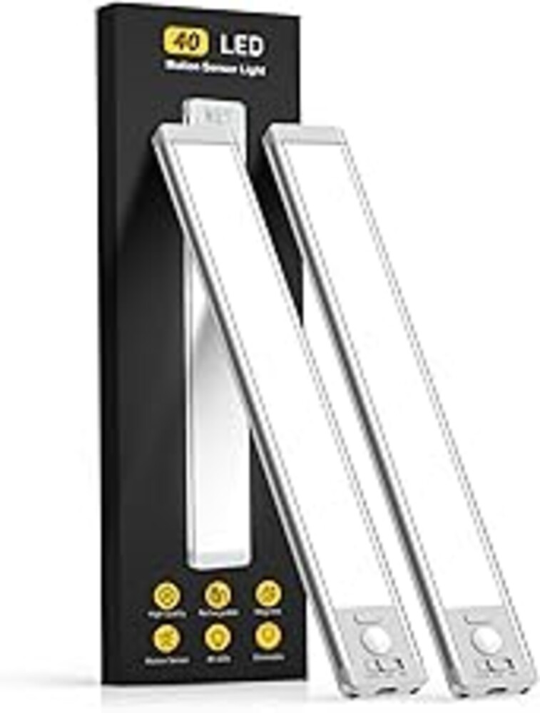 MCGOR 10inch Under Cabinet Lighting, 2 Pack Rechargeable Motion Sensor Light Indoor, 5 Levels Dimmable Magnetic Closet Lights, Wireless Under Counter Lights for Kitchen, Stairs