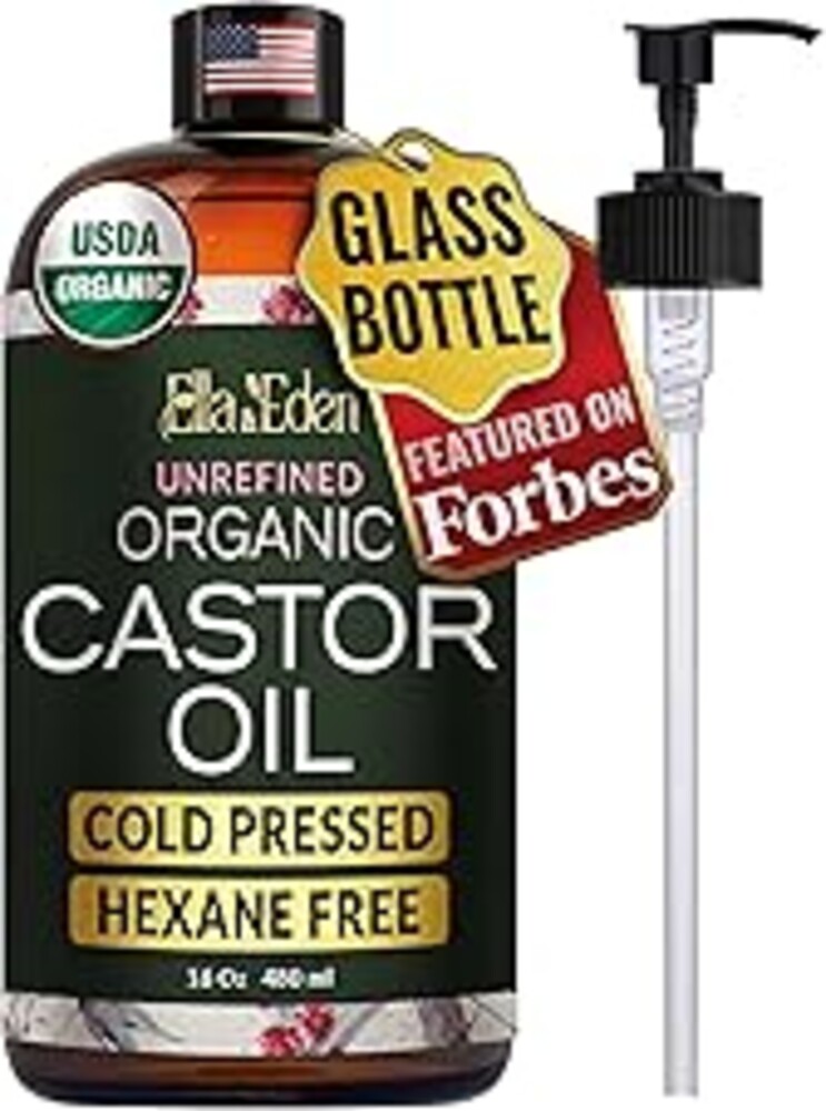 Ella & Eden USDA Organic Castor Oil – Cold Pressed Hexane-Free - Glass Bottle - For Hair Growth, Face, Eyelash, Skin, Stomach - 100% Pure Unrefined 16 Fl Oz