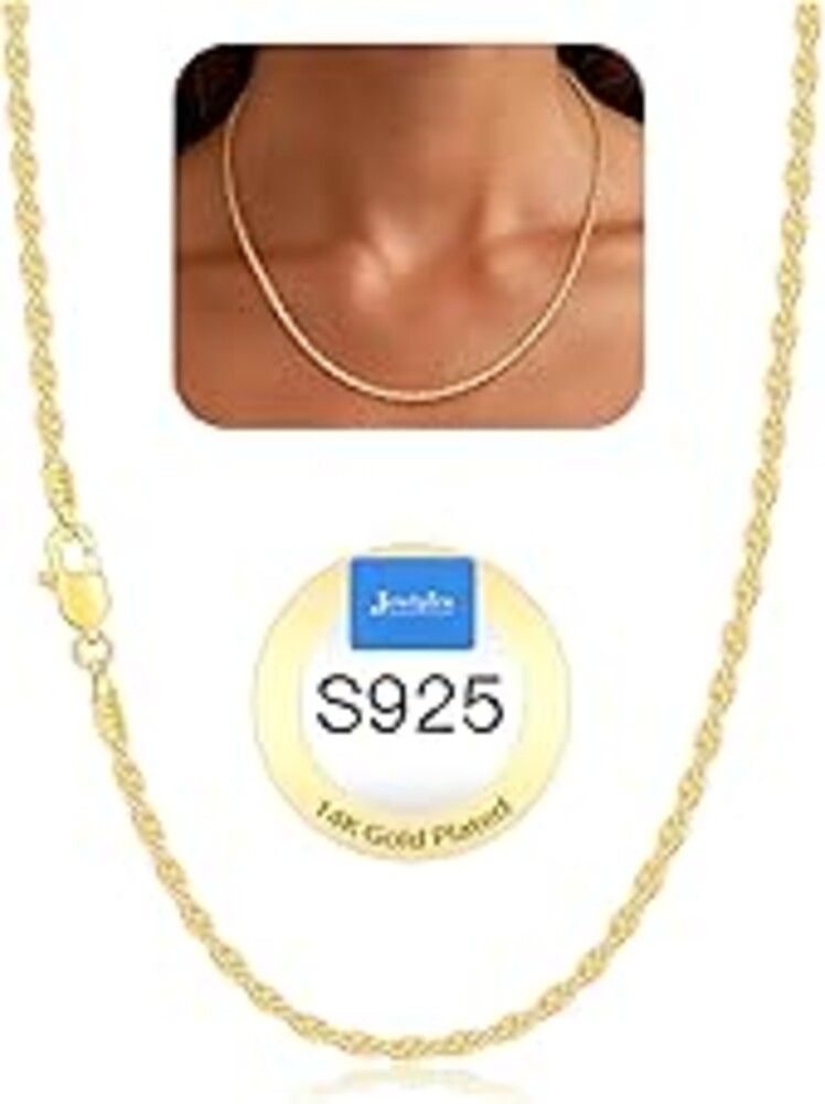 Jewlpire 1.5mm Rope Chain 925 Sterling Silver Chain Necklace for Women, 14K Gold Plated Chains for Women Dainty & Sturdy Women's Chains Necklace 16 18 20 22 24 26 Inch