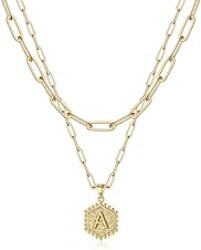 M MOOHAM Mothers Day Gifts, 14K-Gold-Plated Initial Necklaces for Women Cute Hexagon Letter Initial Necklace Layered Necklaces for Women Teen Girl Gifts