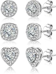 ALEXCRAFT Sterling Silver Stud Earrings for Women Cubic Zirconia Halo Round Heart Square Diamond Large Silver Stud Set Earring
