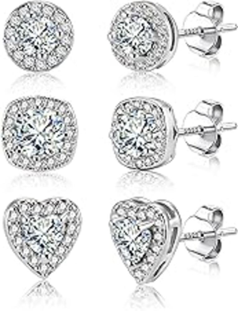 ALEXCRAFT Sterling Silver Stud Earrings for Women Cubic Zirconia Halo Round Heart Square Diamond Large Silver Stud Set Earring