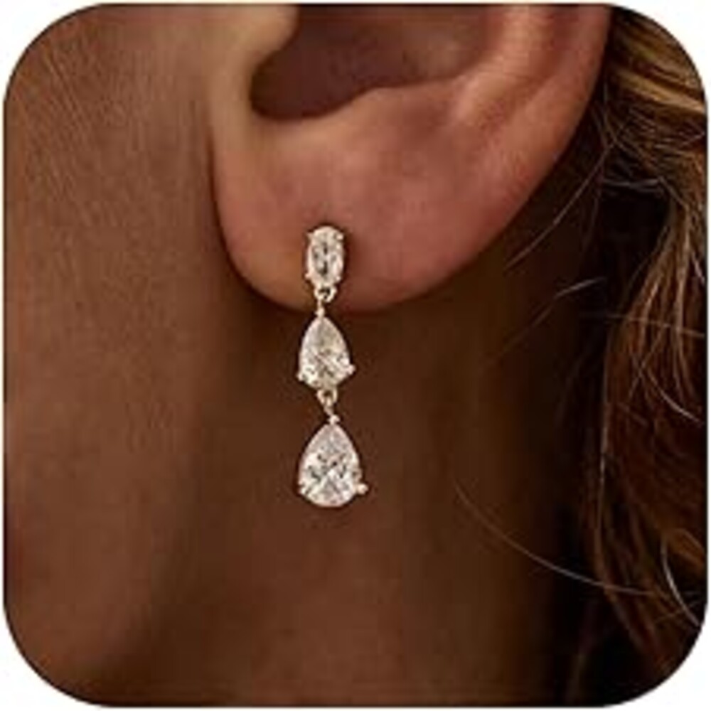 Ewrkbr Dangle Earrings for Women, Elegant Wedding Earrings 14K Gold Plated Long Cubic Zirconia Drop Earrings for Women Trendy Dainty Bridal Earrings Cute Dangly Wedding Jewelry