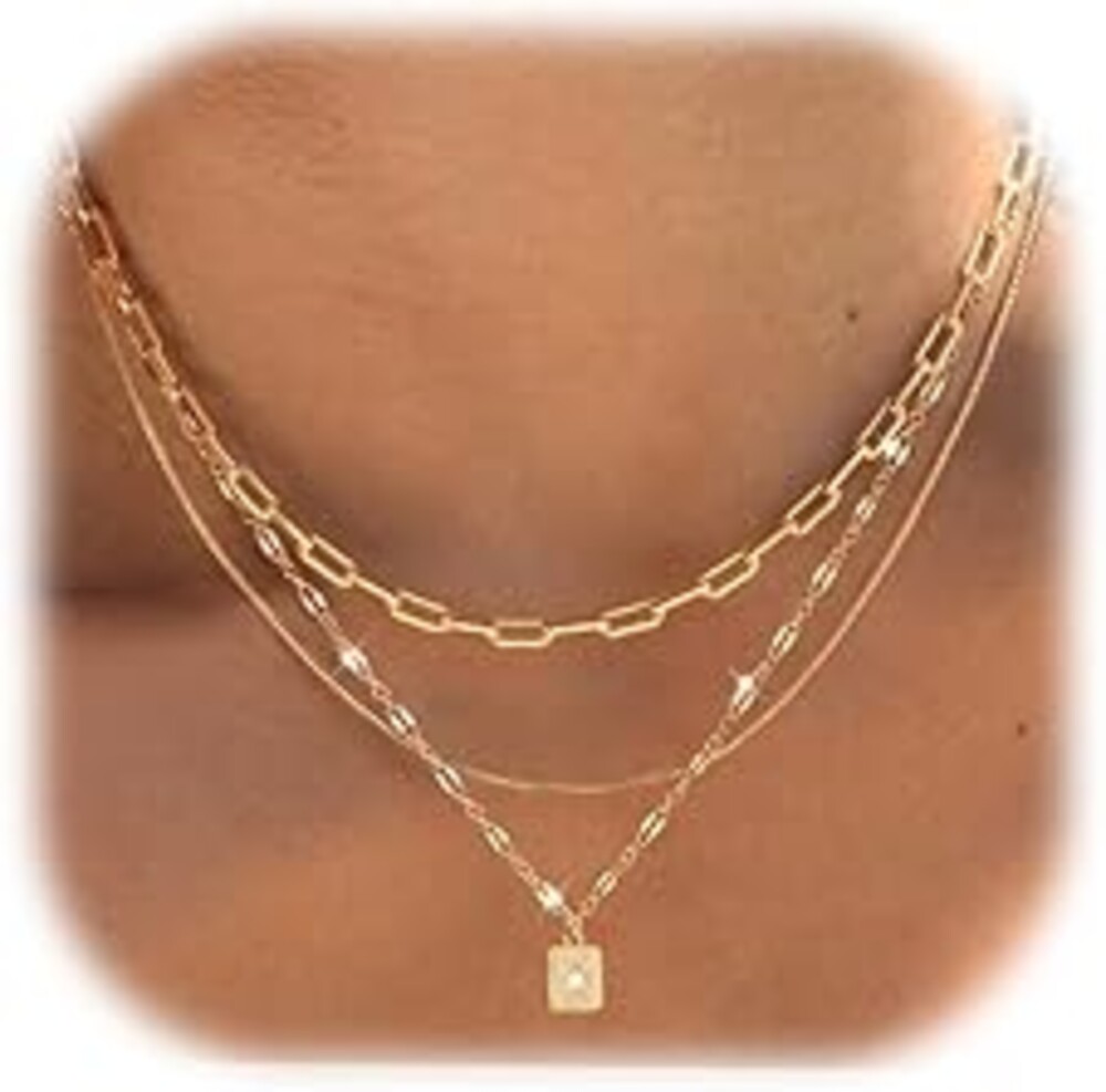 YEEZII Layered Gold Necklaces for Women Trendy, 3 Pcs 14K Gold Plated Choker Paperclip Box Chain Necklace, Stackable Women's Gold Pendant Necklaces Jewelry Set