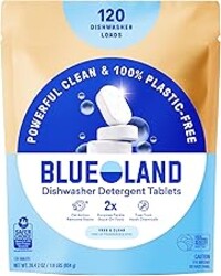 BLUELAND 100% Plastic-Free Dishwasher Detergent Tablets, 120 Count, Free & Clear, Eco-Friendly Dishwashing Pods, Natural, USDA Certified biobased