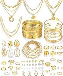 17 MILE 78 Pieces Gold Jewelry Set for Women, 9 Necklace, 24 Bracelet, 22 Earrings, 23 Knuckle Rings Gold Plated Jewerly set for Women Gift