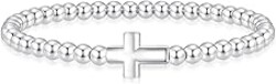 Mothers Day Gifts - Beaded Bracelets for Women 14K Silver Gold Plated Stretch Handmade Ball Bracelets Cute Charm Bracelet Dainty Stackable Cross Heart Bow Wave CZ Circle Trendy Jewelry Easter Gifts