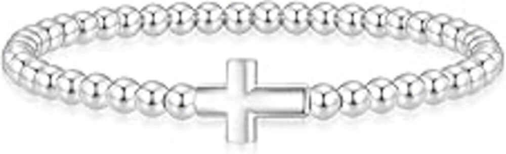 Mothers Day Gifts - Beaded Bracelets for Women 14K Silver Gold Plated Stretch Handmade Ball Bracelets Cute Charm Bracelet Dainty Stackable Cross Heart Bow Wave CZ Circle Trendy Jewelry Easter Gifts