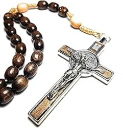 SANCTUM VERITAS Made in Italy Rosary Blessed by Pope Francis Vatican Rome Holy Father Medal Cross Saint Benedict Patron Saint of Students Honor Veterans US Army solders Addiction Dependence (Brown)