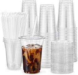 VITEVER [100 Sets - 16oz] Clear Plastic Cups with Lids and Straws, Disposable Iced Coffee Cups for Smoothie, Milkshake, Cold Drinks - BPA free
