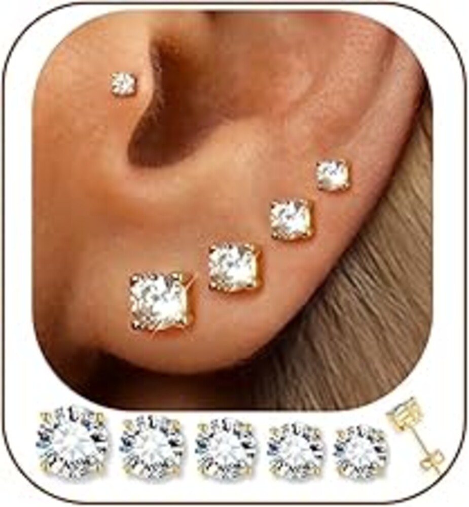 5 Pairs 14K Gold Plated Stud Earrings for Women, Hypoallergenic Earring Sets for Multiple Piercing, Premium Cubic Zirconia Studs Earrings for Women