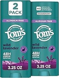 Tom’s of Maine Wild Lavender Natural Deodorant for Men and Women, Aluminum Free, No Artificial Fragrances, Dyes, or Preservatives, Baking Soda Free, 48-Hour Odor Protection, 3.25 oz (2 Pack)