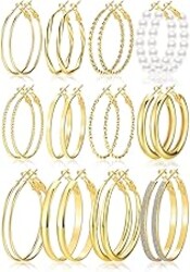 Gold Hoop Earrings Set for Women, 12 Pairs Hypoallergenic Large/Big Thin Thick Gold Hoops Earrings Loop Pack for Jewelry Gift 40mm/50mm
