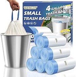 T.FORING Small Trash Bags 4 Gallon with Drawstring, 1.1 Mil 15 Liter White Thick Unscented Small Plastic Garbage Bags for Bathroom, Wastebasket Liners for Toilet Home Office and Bedroom (4 Gal-120)