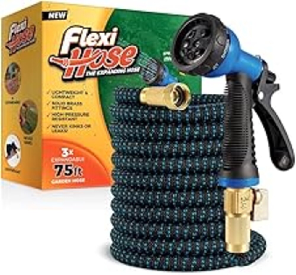 Flexi Hose Expandable Garden Hose with 8 Function Nozzle, 75FT - Lightweight Retractable Garden Hose, Water Hose - No-Kink Flexibility, 3/4 Inch Solid Brass Fittings and Double Latex Core
