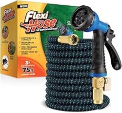 Flexi Hose Expandable Garden Hose with 8 Function Nozzle, 75FT - Lightweight Retractable Garden Hose, Water Hose - No-Kink Flexibility, 3/4 Inch Solid Brass Fittings and Double Latex Core