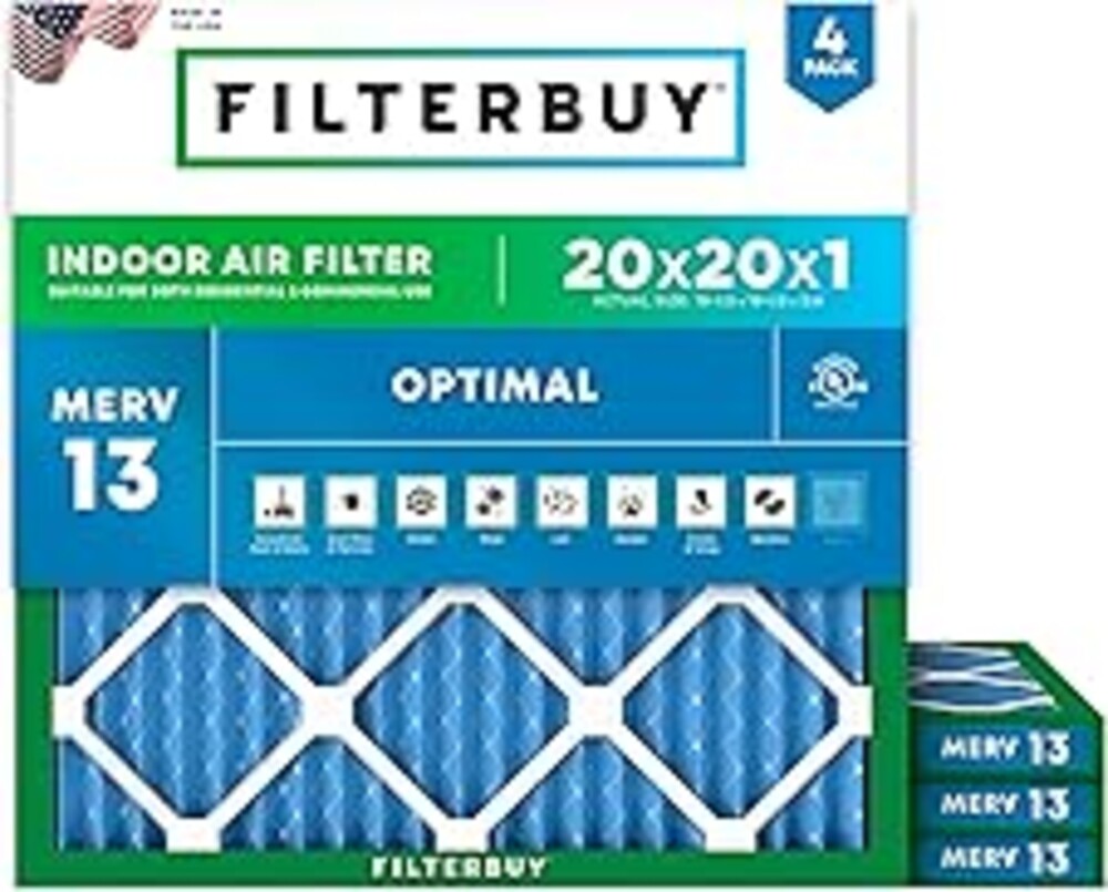 Filterbuy 20x20x1 Air Filter MERV 13 Optimal Smoke & Allergy Defense (4-Pack), Electrostatic Pleated HVAC AC Furnace Filters Replacement (Actual Size: 19.50 x 19.50 x 0.75)