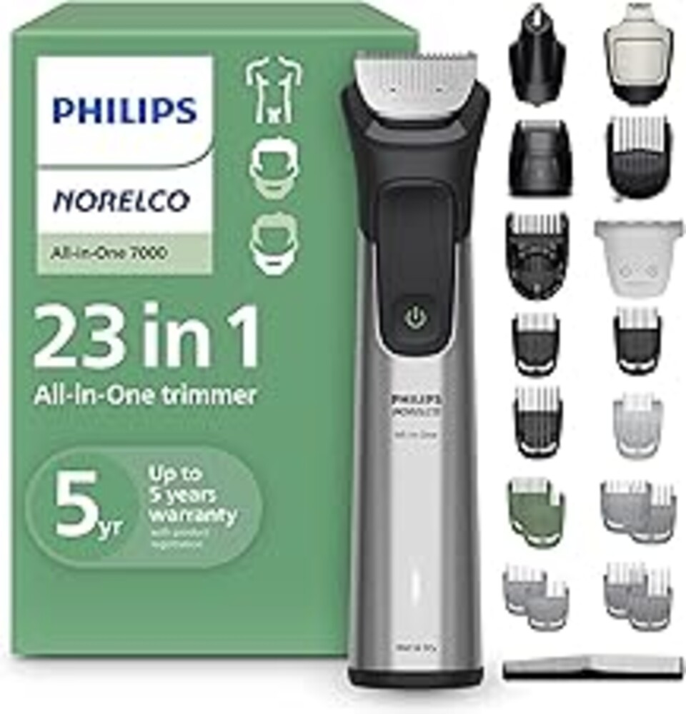 Norelco Philips All-in-One Series 7000 23-Piece Trimmer - Electric Shaver and Clipper for Face, Beard, Head & Body, Self-Sharpening Titanium Blades, 26 Length Settings (0.5-16 mm), MG7970/49