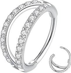 ORANGELOVE Double Open Stack CZ Nose Ring Hoop 316L Surgical Steel Helix Rook Conch Cartilage Daith Tragus Earrings Hinged Segment Nostril Piercing Septum Clicker 20G 18G 16G Lip Ring