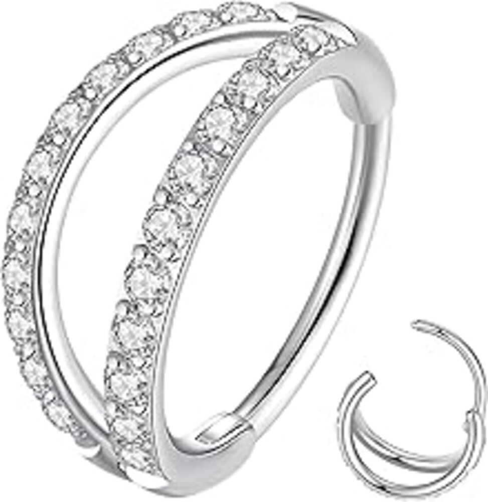 ORANGELOVE Double Open Stack CZ Nose Ring Hoop 316L Surgical Steel Helix Rook Conch Cartilage Daith Tragus Earrings Hinged Segment Nostril Piercing Septum Clicker 20G 18G 16G Lip Ring