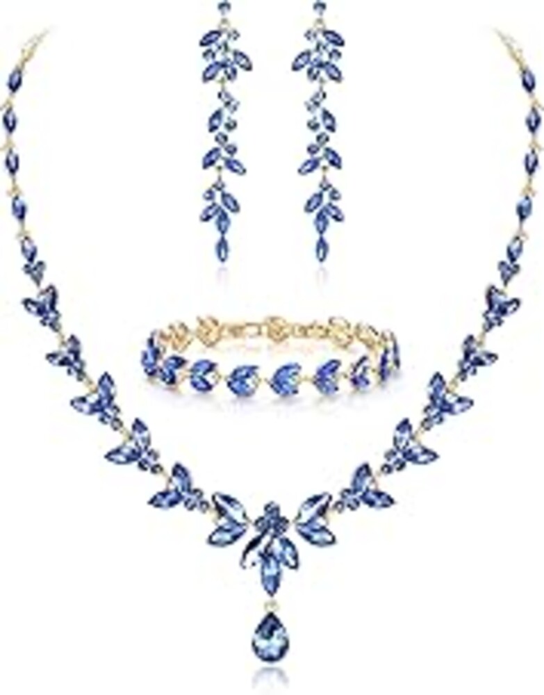 EVER FAITH Austrian Crystal Bridal Bridesmaid Jewelry Sets, Elegant Marquise Rhinestone Leaf Necklace Dangle Earrings Tennis Bracelet Set for Women