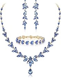 EVER FAITH Austrian Crystal Bridal Bridesmaid Jewelry Sets, Elegant Marquise Rhinestone Leaf Necklace Dangle Earrings Tennis Bracelet Set for Women