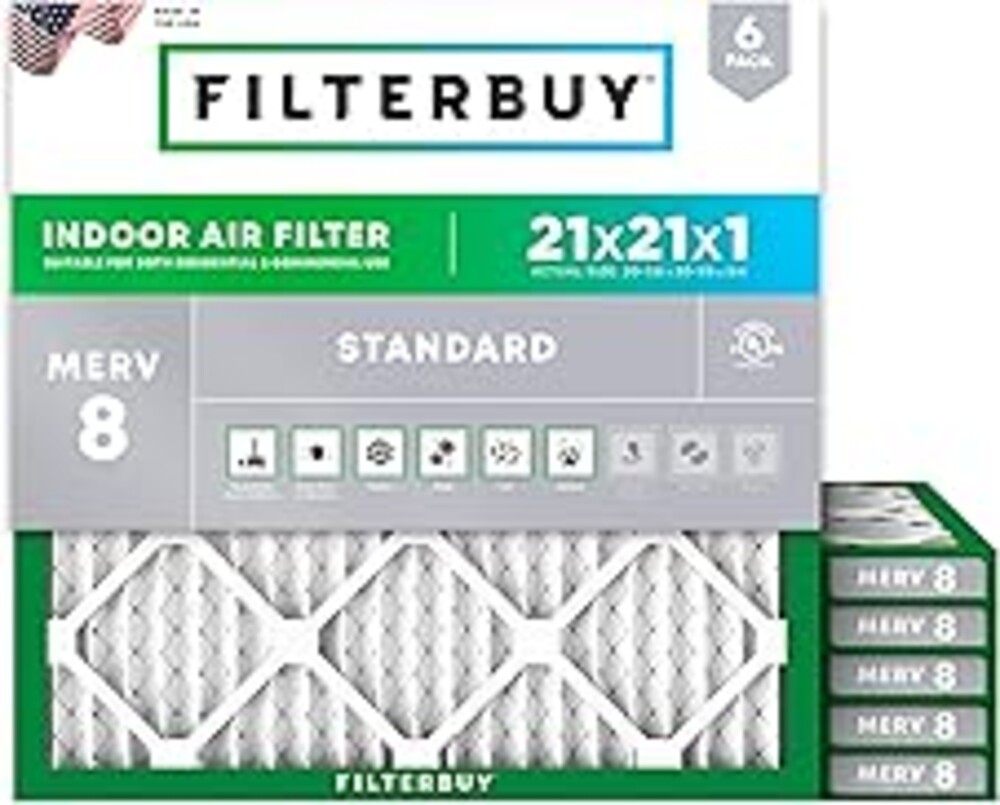 Filterbuy 21x21x1 Air Filter MERV 8 Essential Dust & Allergy Defense (6-Pack), Electrostatic Pleated HVAC AC Furnace Filters Replacement (Actual Size: 20.88 x 20.88 x 0.75)