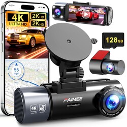 4K+2K+2K 3 Channel Dash Cam Front and Rear, 128GB Card Included, Dash Camera for Cars 5.8G/2.4G Dual Wifi, Built-in GPS, Night Vision, WDR, 170°Wide Angle, G-Sensor Emergency Lock, 24H Parking Monitor