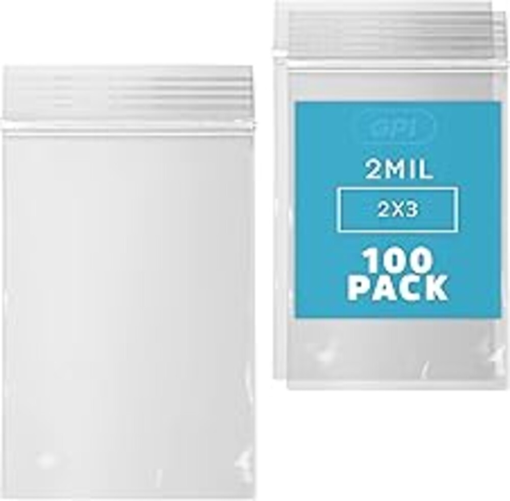 2" x 3" Small Zip Bags, 100 Pack, Clear Plastic Reclosable Poly Baggies, 2 mil with Resealable Zip Top Lock for Storage & Packaging Jewelry, Pills, Meds, Candy, Beads & Seeds. GPI
