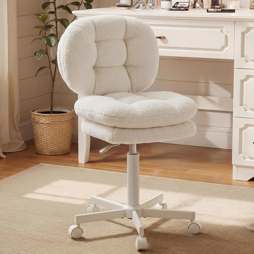 Dowinx Vanity Chair with Wheels, Double-Layered Thickened Cushion Makeup Chair with High Backrest, Armless Swivel Ergonomic Comfy Desk Chair for Home Office, Adjustable Height for Bar Counter-White