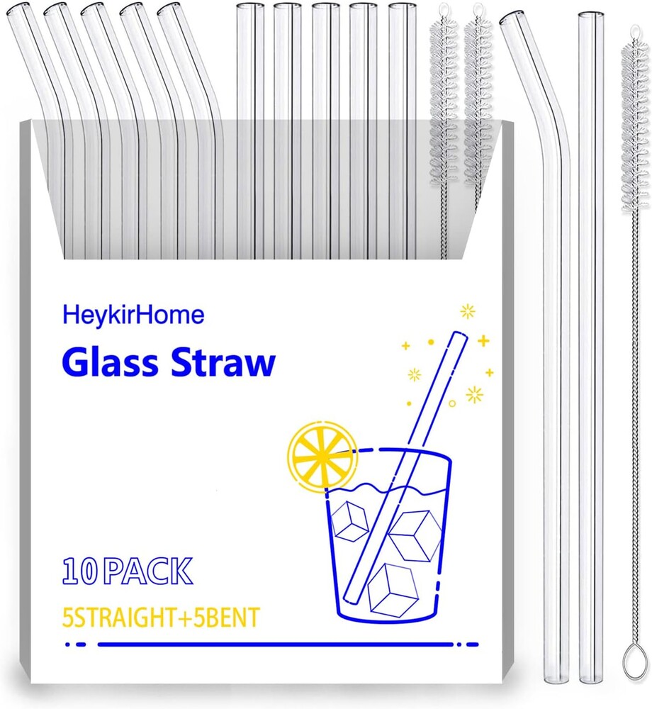 HeykirHome 10-Pack Reusable Glass Straw,Size 8.5''x10 MM,Including 5 Straight and 5 Bent with 2 Cleaning Brush- Perfect For Smoothies, Tea, Juice