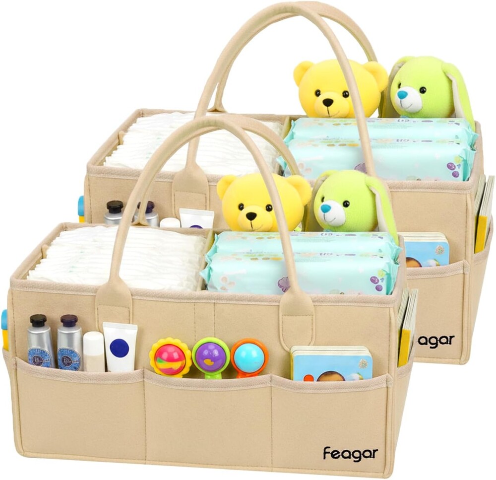 Feagar Baby Diaper Caddy Organizer, 15 Inch Large 2 Pack Set with 8 Pockets & 2 Dividers, Portable Nursery Storage Basket & Car Organizer for Changing Table, Travel (Khaki)