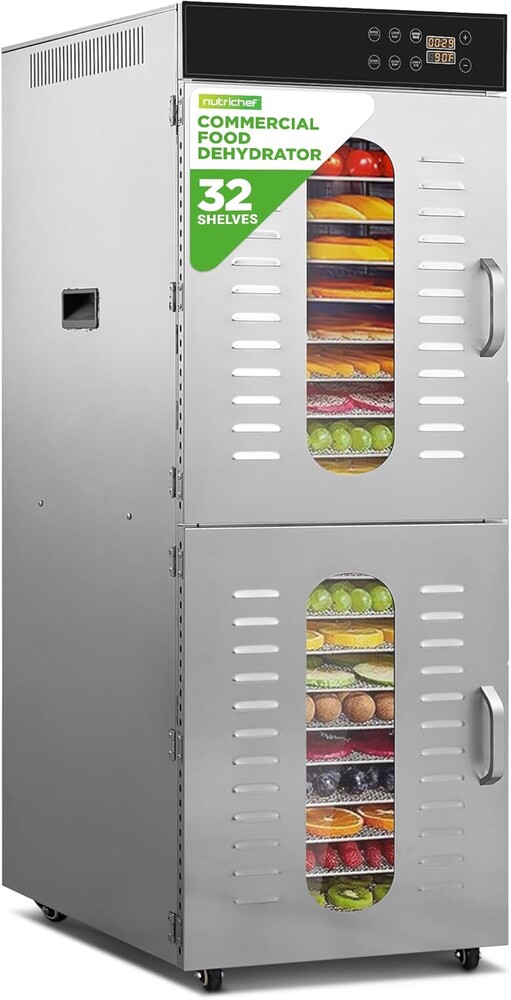 NutriChef 32 Layer & 2 Chamber Commercial Food Dehydrator Machine - Stainless Steel Trays, Digital Timer and Temperature Control, Ideal for Jerky Meat, Fruit, Pet Treats, Vegetables, and Herbs