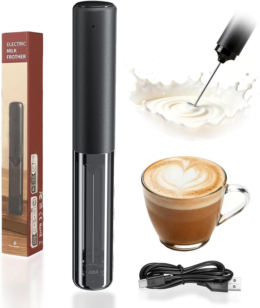 Electric Milk Frother Rechargeable with Cover, Portable Coffee Whisk Frother Black, Compact Electric Beverage Stirrer Wand for Latte, Cappuccino, Kitchen, Outdoor