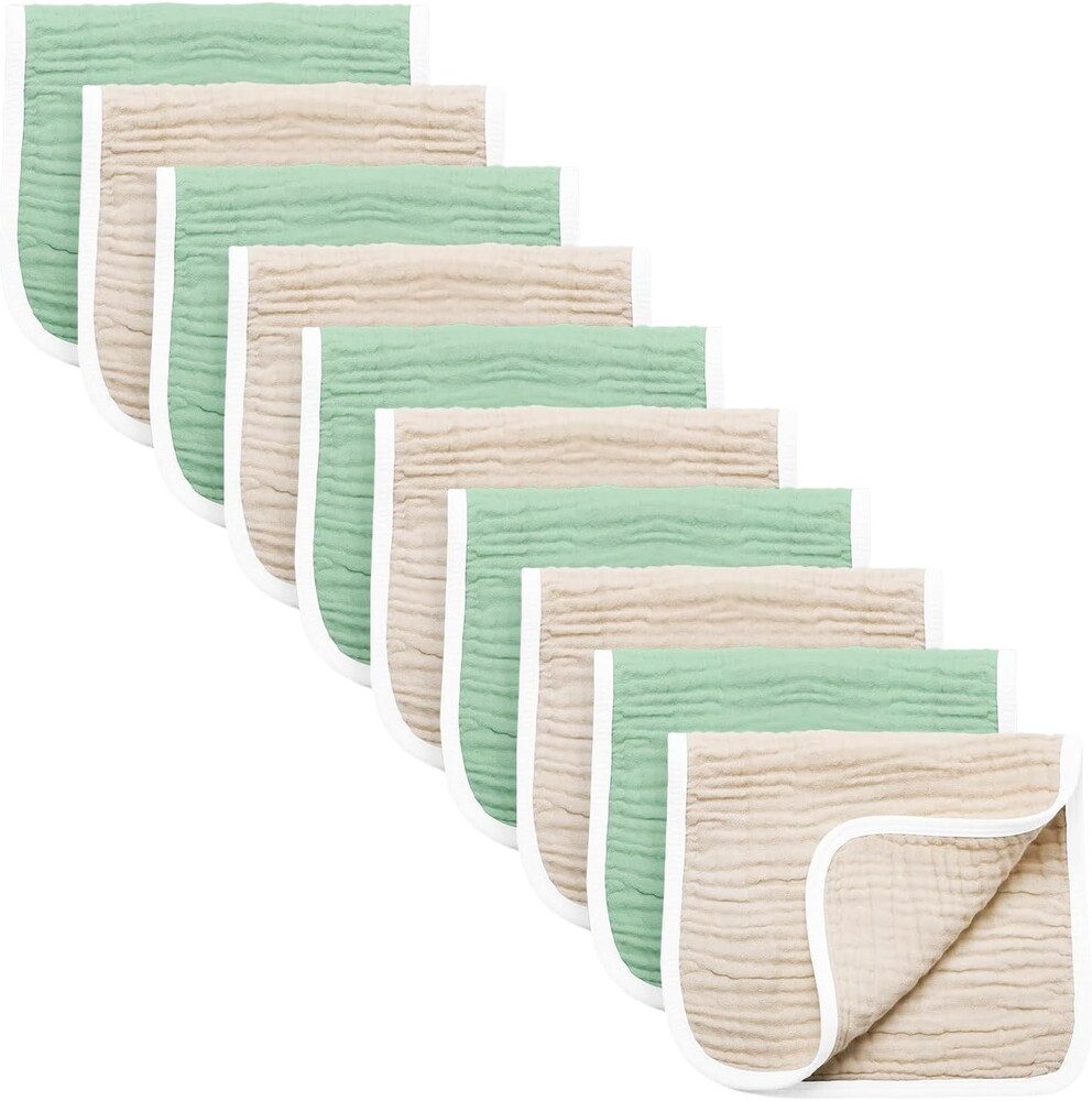 Synrroe Burp Cloths Large, Muslin Burp Cloths for Baby Girls and Boys, Pack of 10 Extra Absorbent and Soft Muslin, 6 Layers 20 by 10 Inches 100% Cotton (Brown-Green 10 Pack)