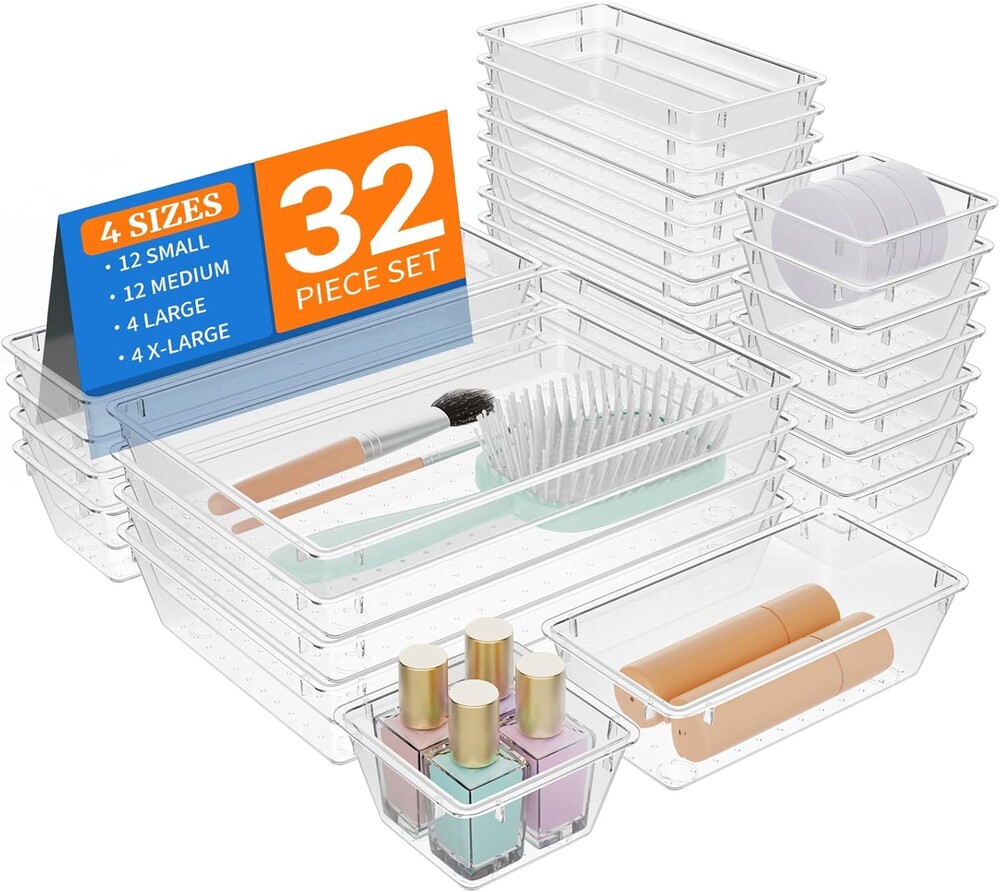 StorMiracle 32 PCS Clear Plastic Drawer Organizer Set, 4-Size vanity organizer Trays and Storage Bins for Makeup, Jewelry and Gadgets in Bedroom, Bathroom and Office, Clear