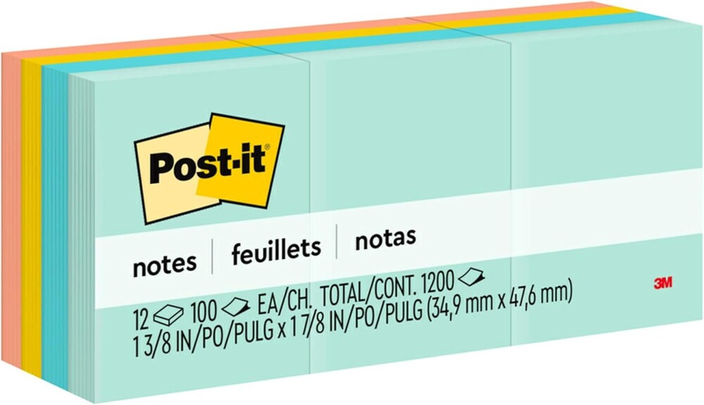 Post-it Notes, 1 3/8 in x 1 7/8 in, 12 Sticky Note Pads, 100 Sheets per Pad, Beachside Café Collection, School Supplies and Office Products