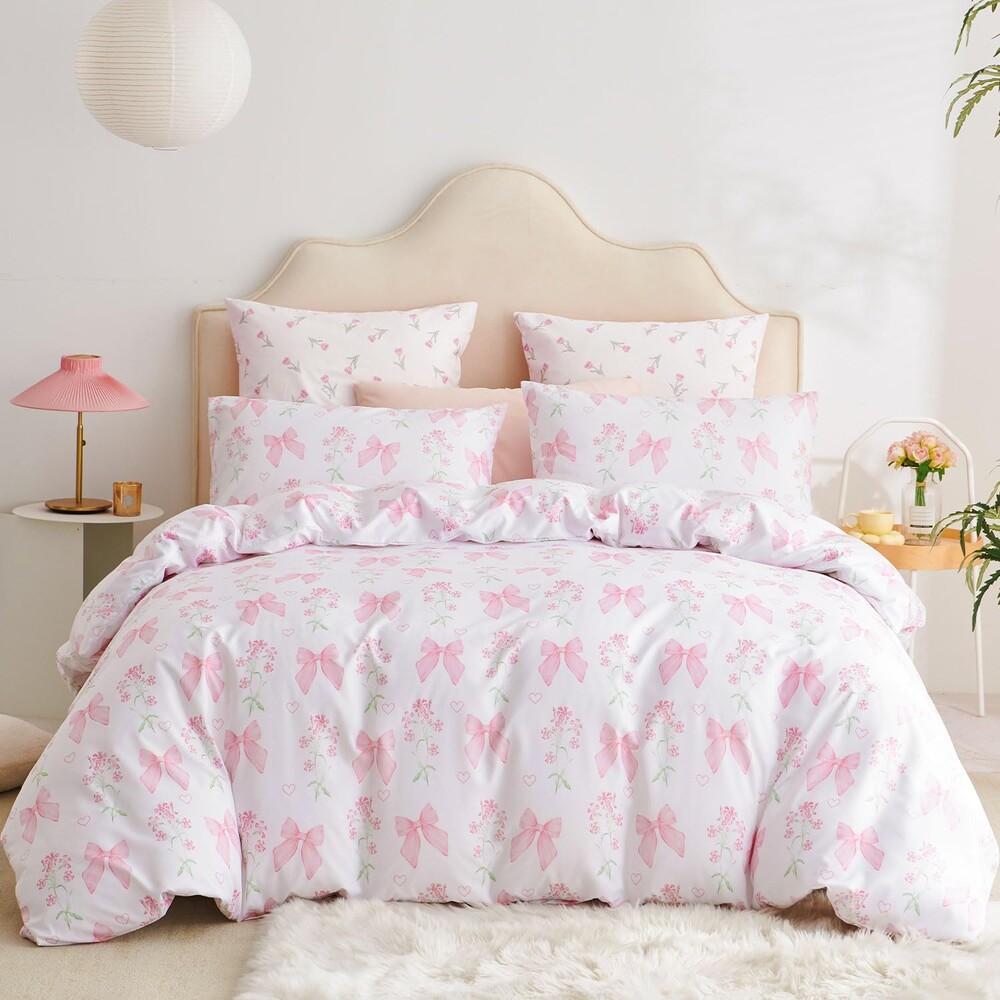 Floral Duvet Cover Full Pink Bow Bedding Set for Girls Kids, Princess Style Bowknot Flower Design, Coquette Duvet Cover Set 3 Pieces, 2 Pillowcases, 100% Microfiber