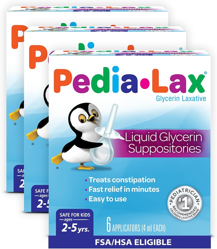 Pedia-Lax Liquid Glycerin Suppositories for Kids Ages 2-5, Gentle Constipation Relief Laxative for Children, 6 Count, Pack of 3